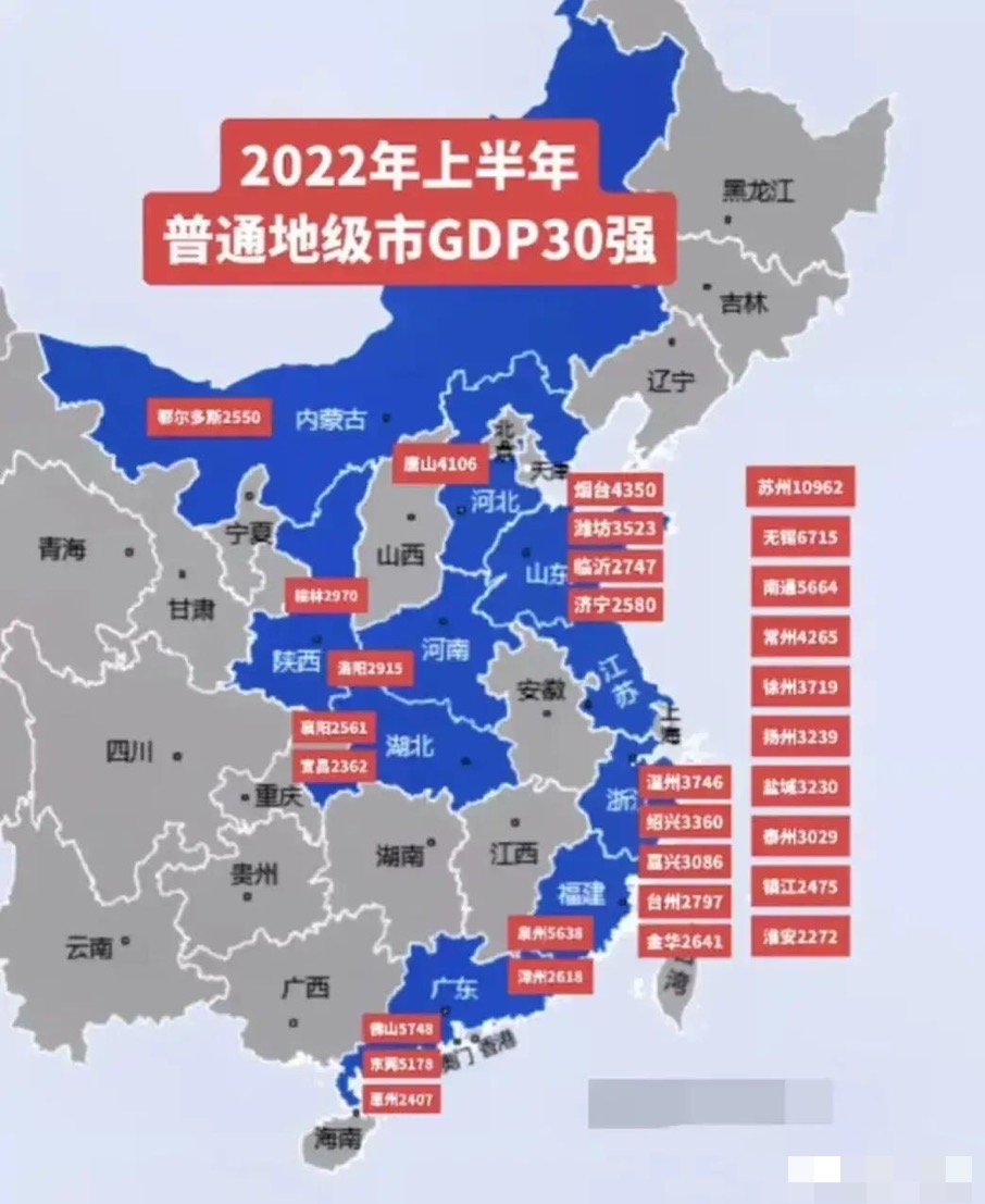 2022年上半年我国普通地级市gdp30强省份分布