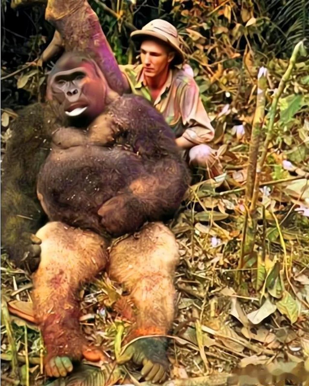 上个世纪初,一张非洲偷猎者猎杀一只银背大猩猩的照片.