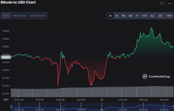 BTC 多头横行，价格上涨 0.13% 至 16,862.18 美元