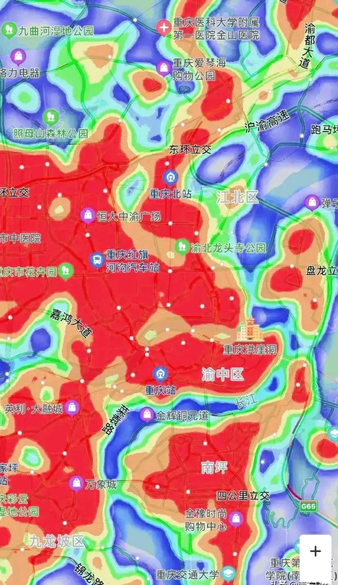 重庆的人群热力图,红色代表人流多的地方哪里最热闹,大家知道吗