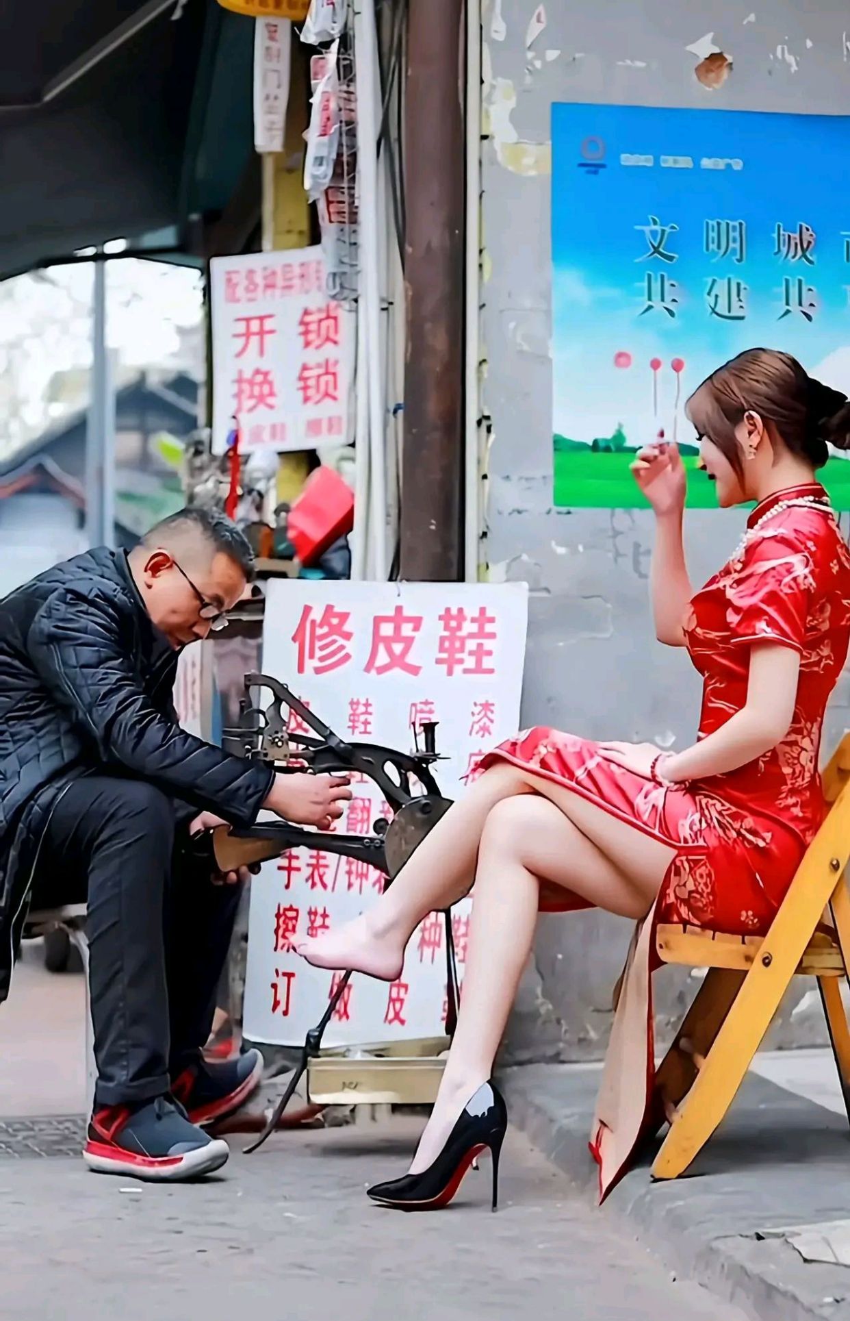 旗袍美女修鞋性感艳丽时尚女神