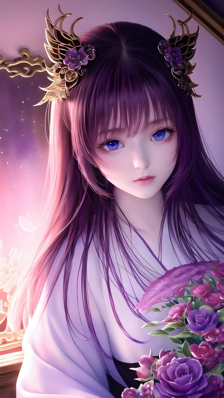 二次元少女紫色 长裙图片