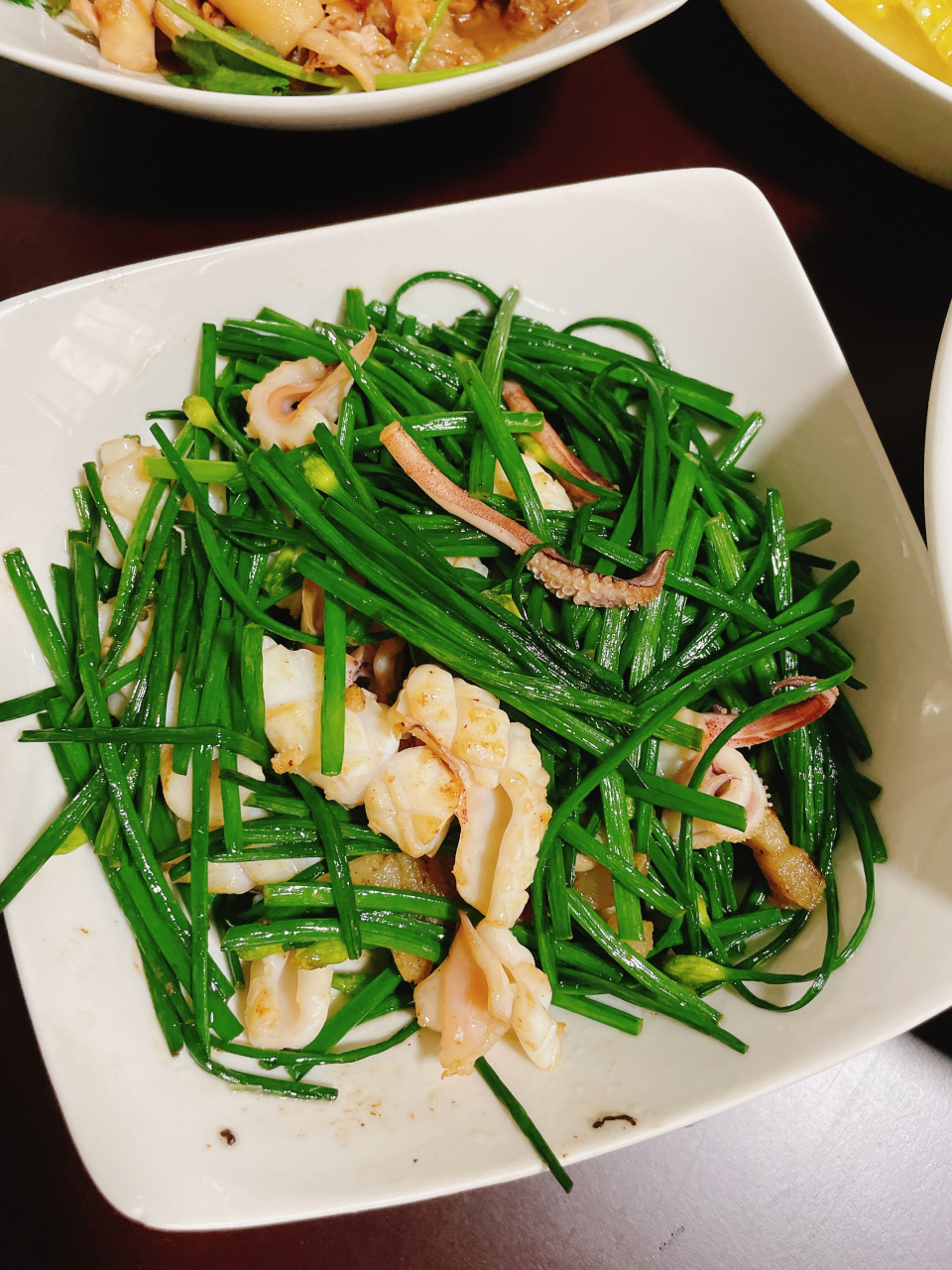 潮汕家常菜 鱿鱼炒韭菜花 角瓜肉片汤 清炒娃娃菜 肉片焖鱿鱼干 家常