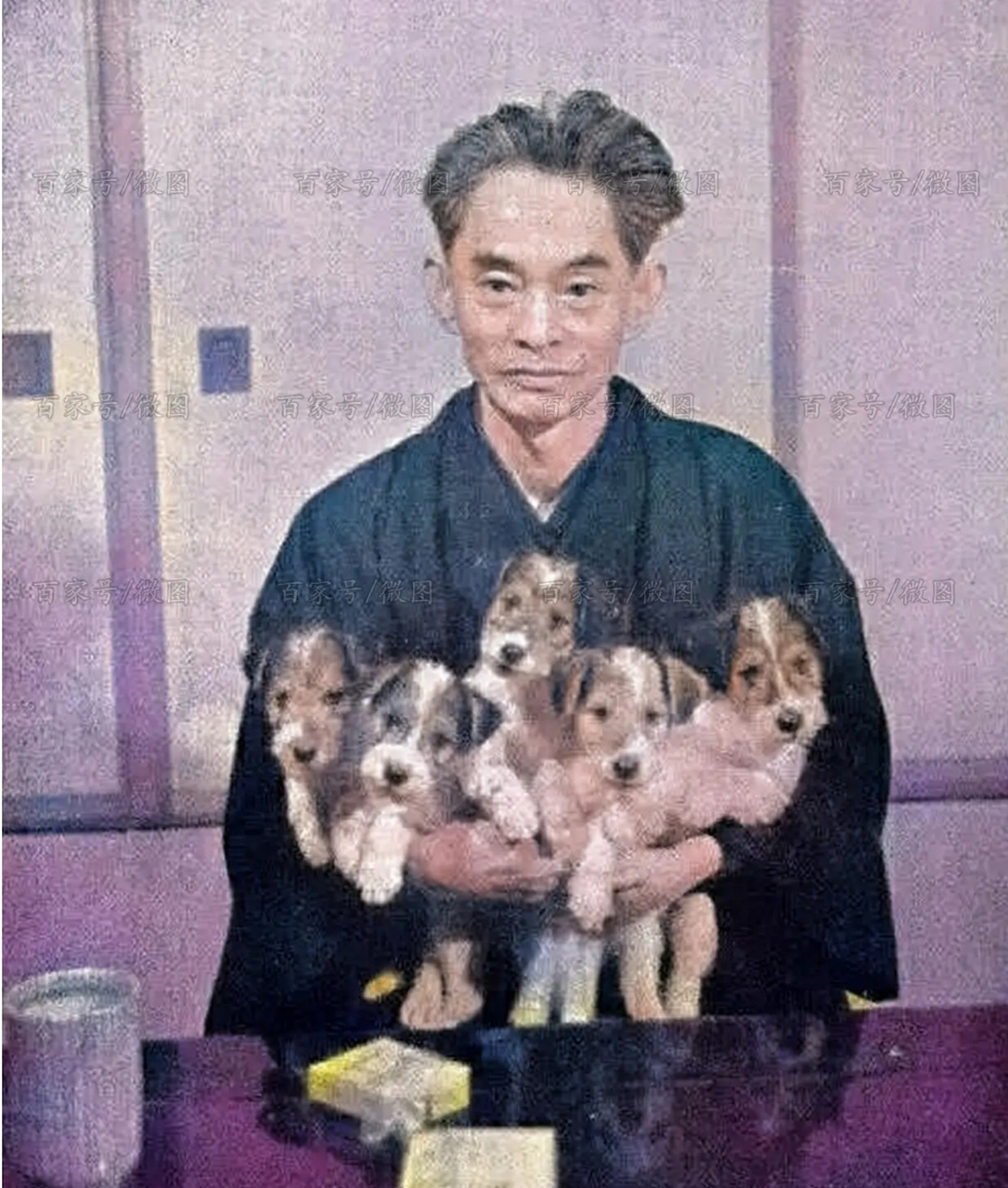 日本作家川端康成和一群小狗,他的代表作有《雪国》《伊豆的舞女》,您