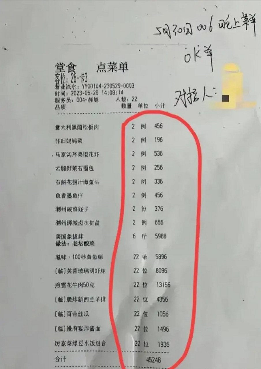 22個人一共消費45248元,平均每個人2056元,對比兩人身價和普通人請客