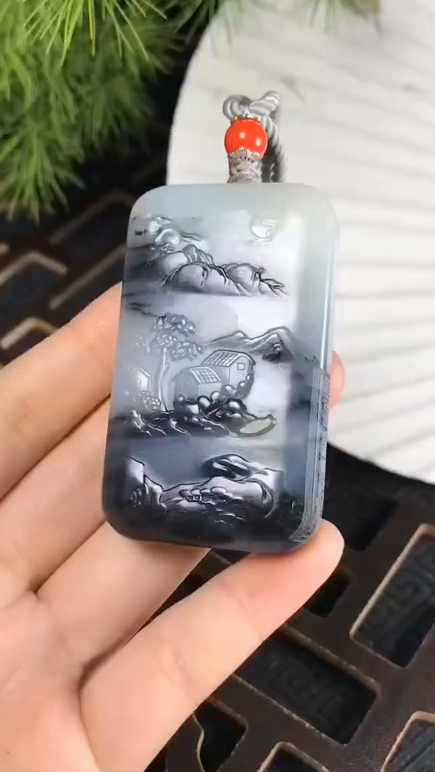 和田玉青花山水牌