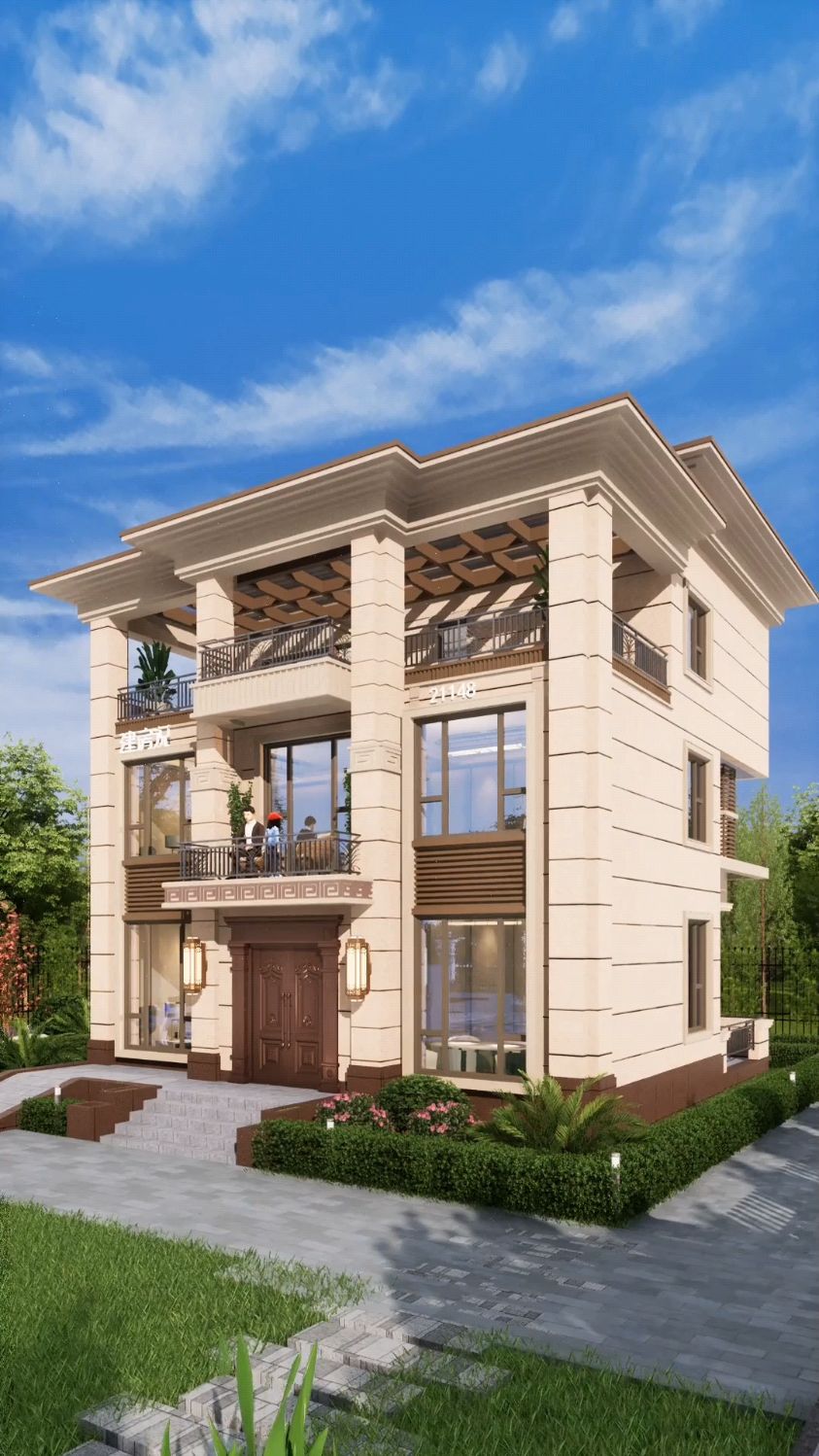 11x11米三层新中式农村自建房别墅设计(建房施工图纸齐全,可购)-度小