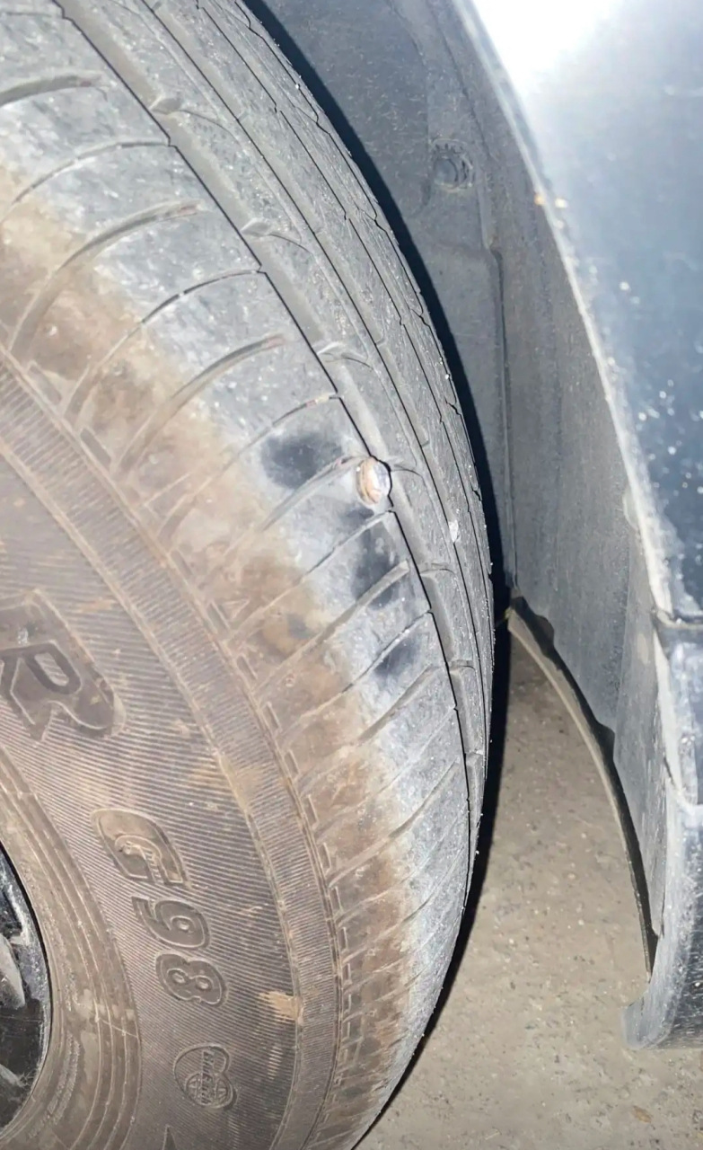 轮胎扎了这么长的一根钉子!