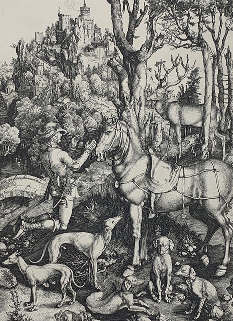 丢勒铜版画《圣尤斯塔斯》～创作于1499-1503年,这是他最大的一幅铜