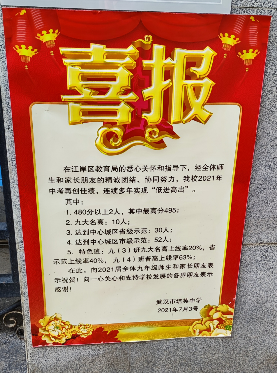 武汉市培英中学喜报 武汉市培英中学喜报,中考480分以上2人,最高分495