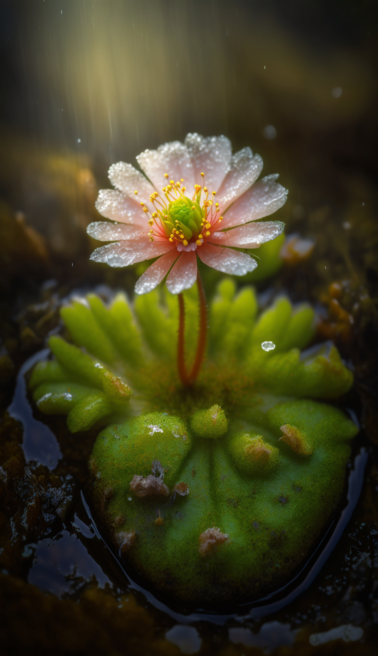 雨后的森林中,一块长有青苔的石头上生长一株美丽的彼岸花,超微距镜头