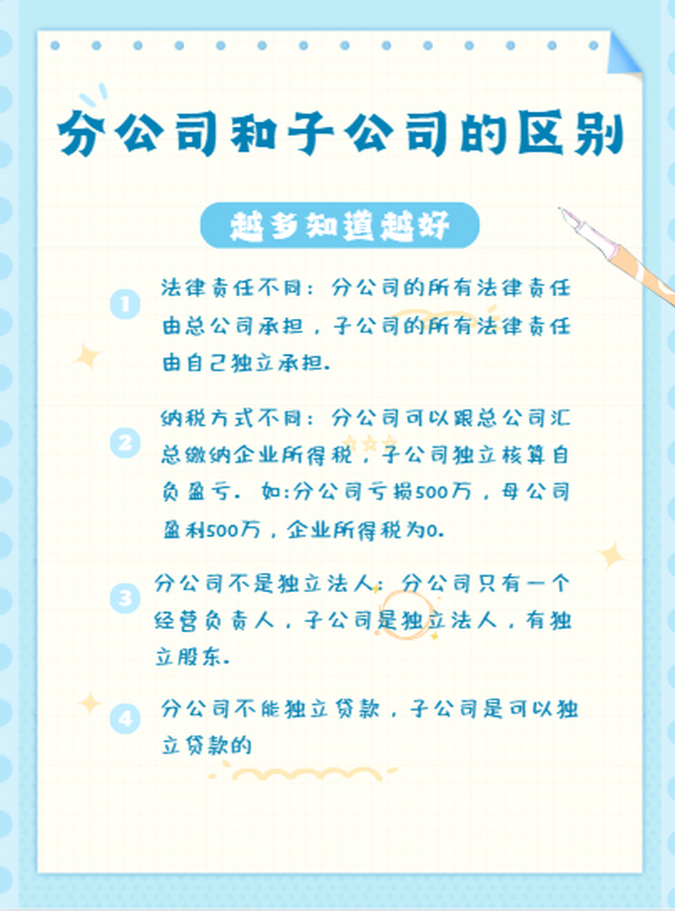 法律责任不同 分公司的所有法律责任由总公司承担,子公司的所有法律