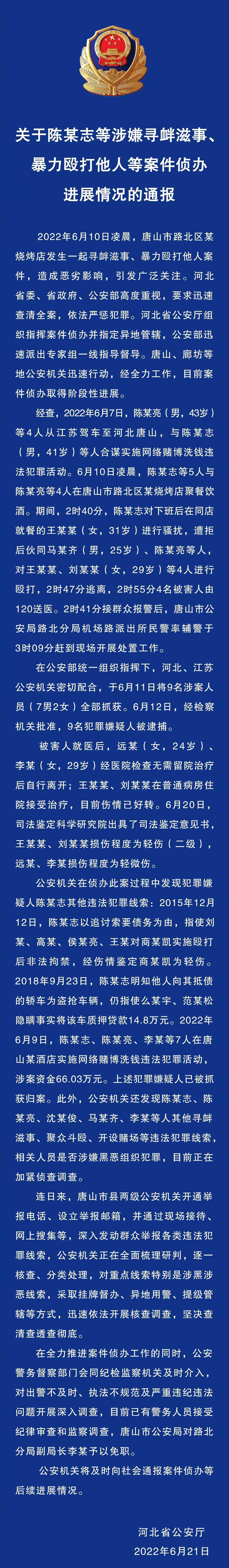 6月21日,河北公安廳通報唐山打人事件:4名被打女子中,2人輕傷二級,2人