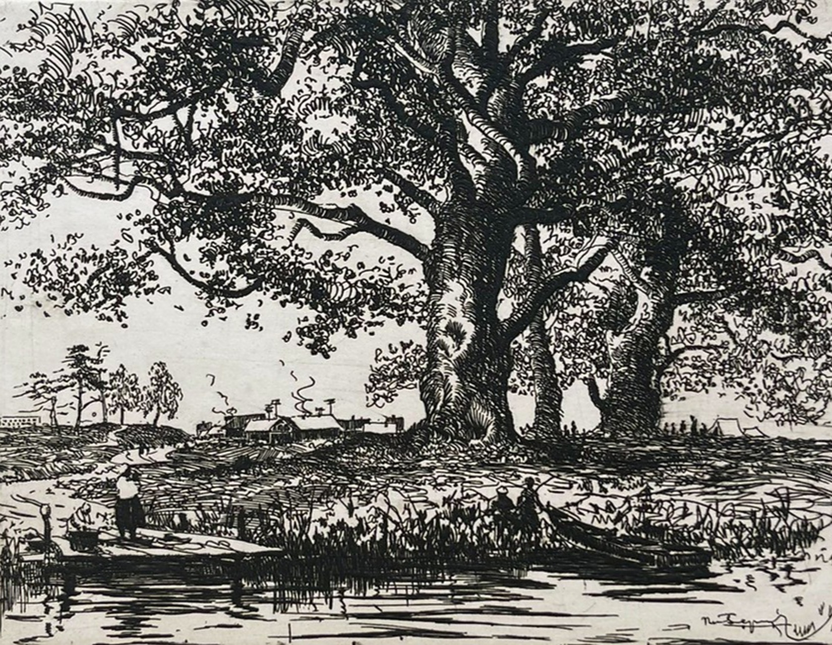 前苏联～铜版画风景《乡村》～画面描绘了夏日乡村风景,人们在河边