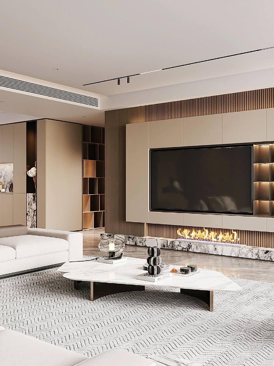 170㎡咖色系意式极简, 悬浮电视墙简约高级.