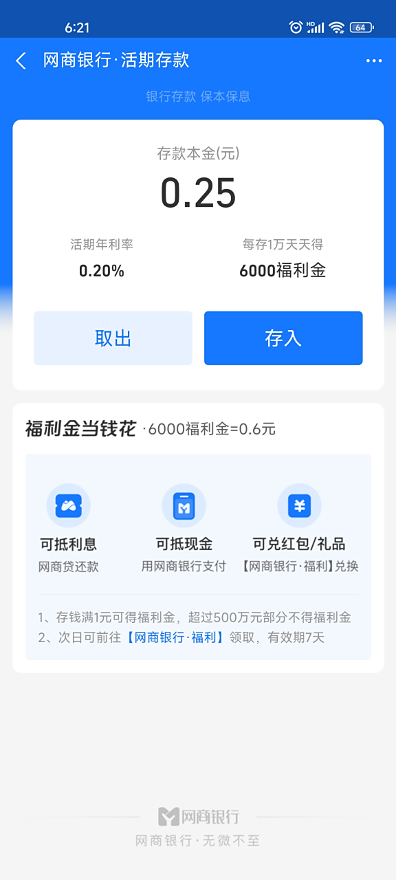 6元,可以用于网商银行的支付抵现金,1万放1年相当就有0.