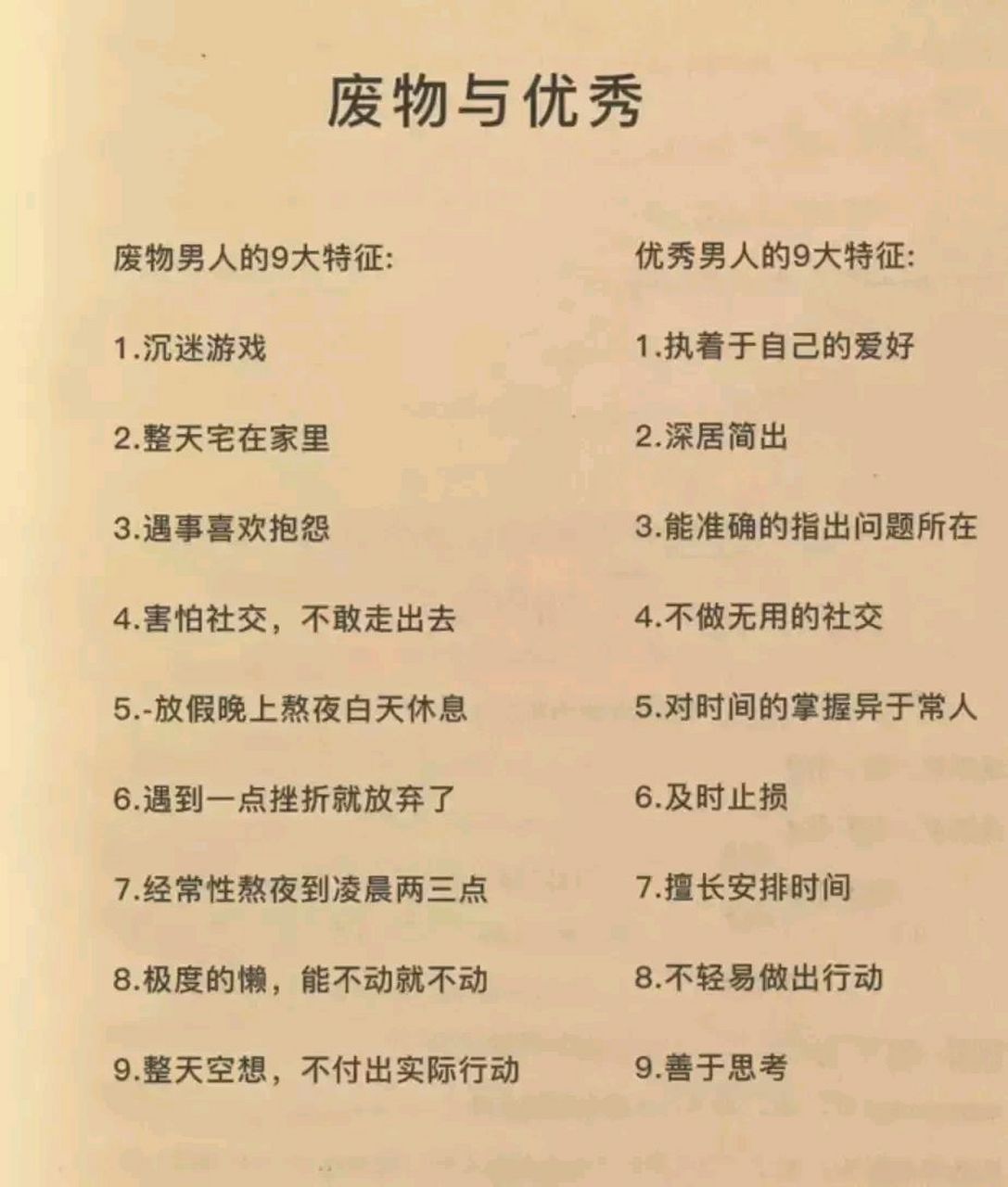 这个妈妈太有才了,一张图把优秀男人和废物男人的九个特征分别列出来
