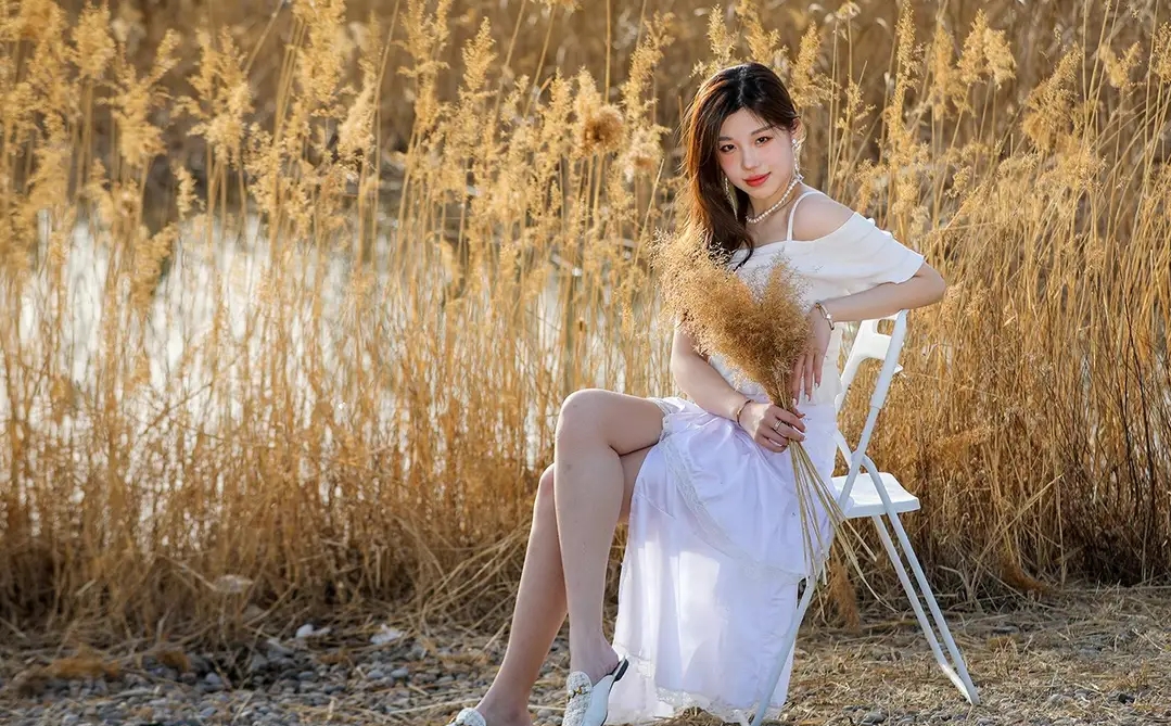 含羞低眉荡芦花,浅笑轻颦迷人画