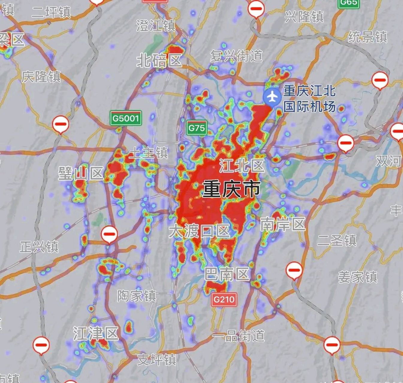 重庆与天津热力图对比,两大直辖市的风格不一样,天津满面开花,摊子铺