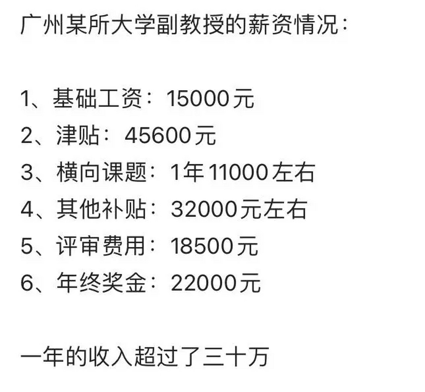 广州某大学副教授薪资收入 基础工资,每月1.5万元 津贴,4