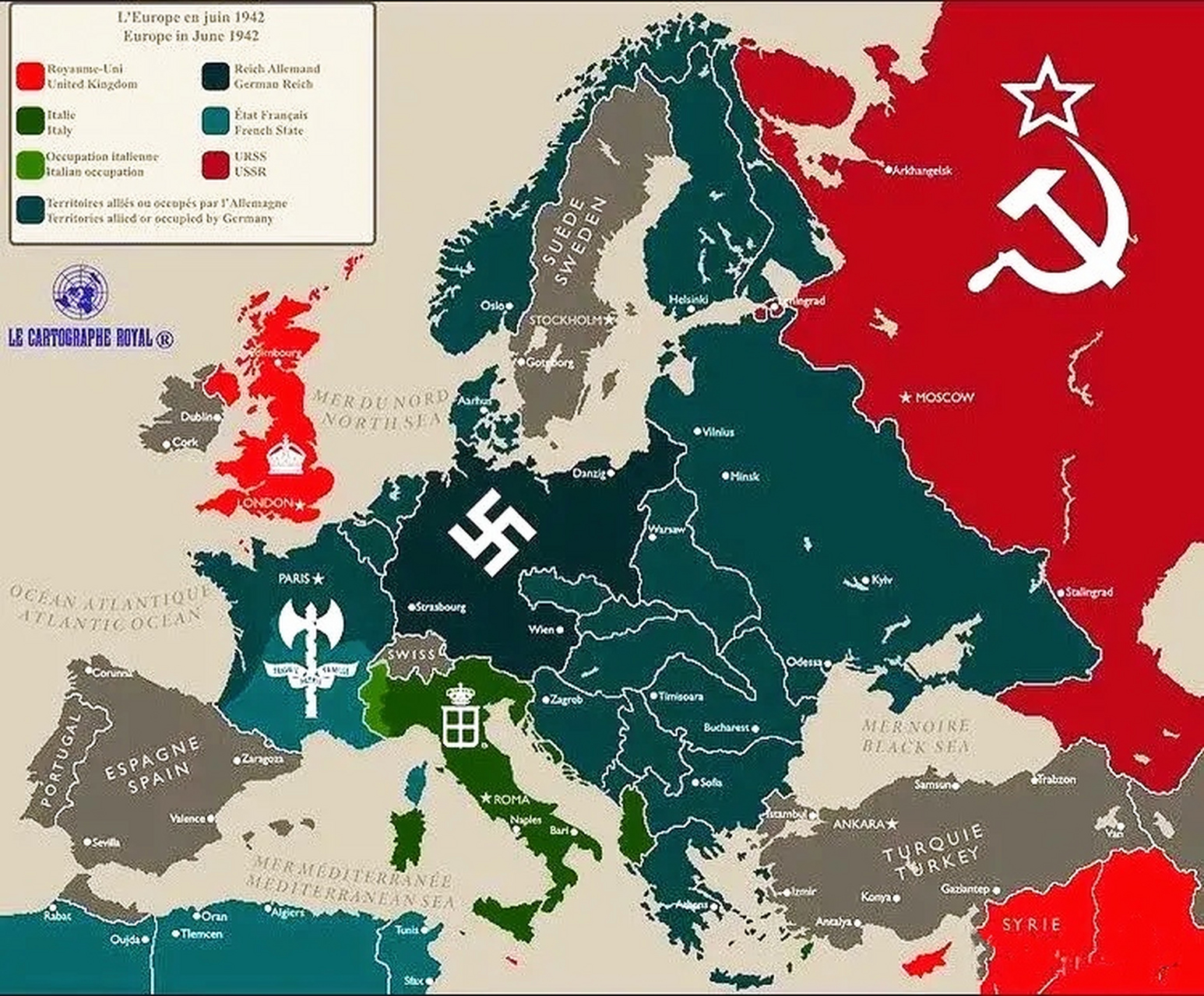 这是1942年德国最辉煌时期的控制范围,墨绿为本土,深绿为占领区(实控