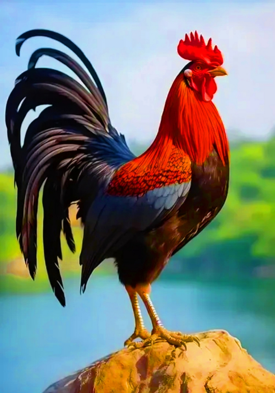 公鸡公鸡真美丽,大红冠子花外衣,油亮脖子金黄脚,要数漂亮我第一