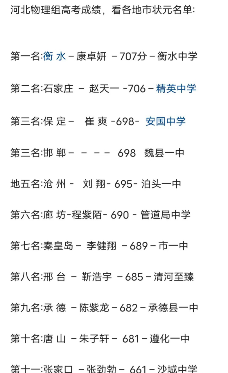 石家庄的高考状元是邯郸的,邢台高考状元是邯郸的.