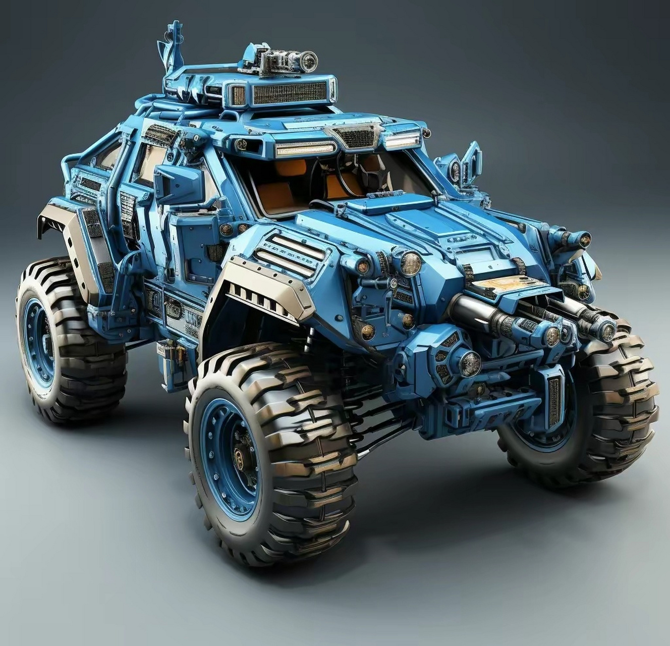 的一组轮式装甲车辆作品,每一辆都根据任务进行了改装,安装了各种武器