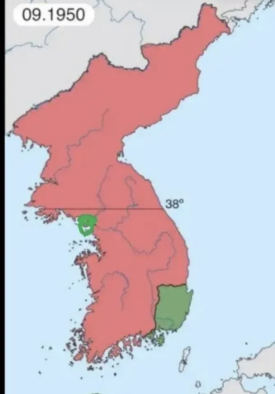 这是1950年9月初时朝鲜战争的态势图,朝鲜人民军只用了1个多月时间,就