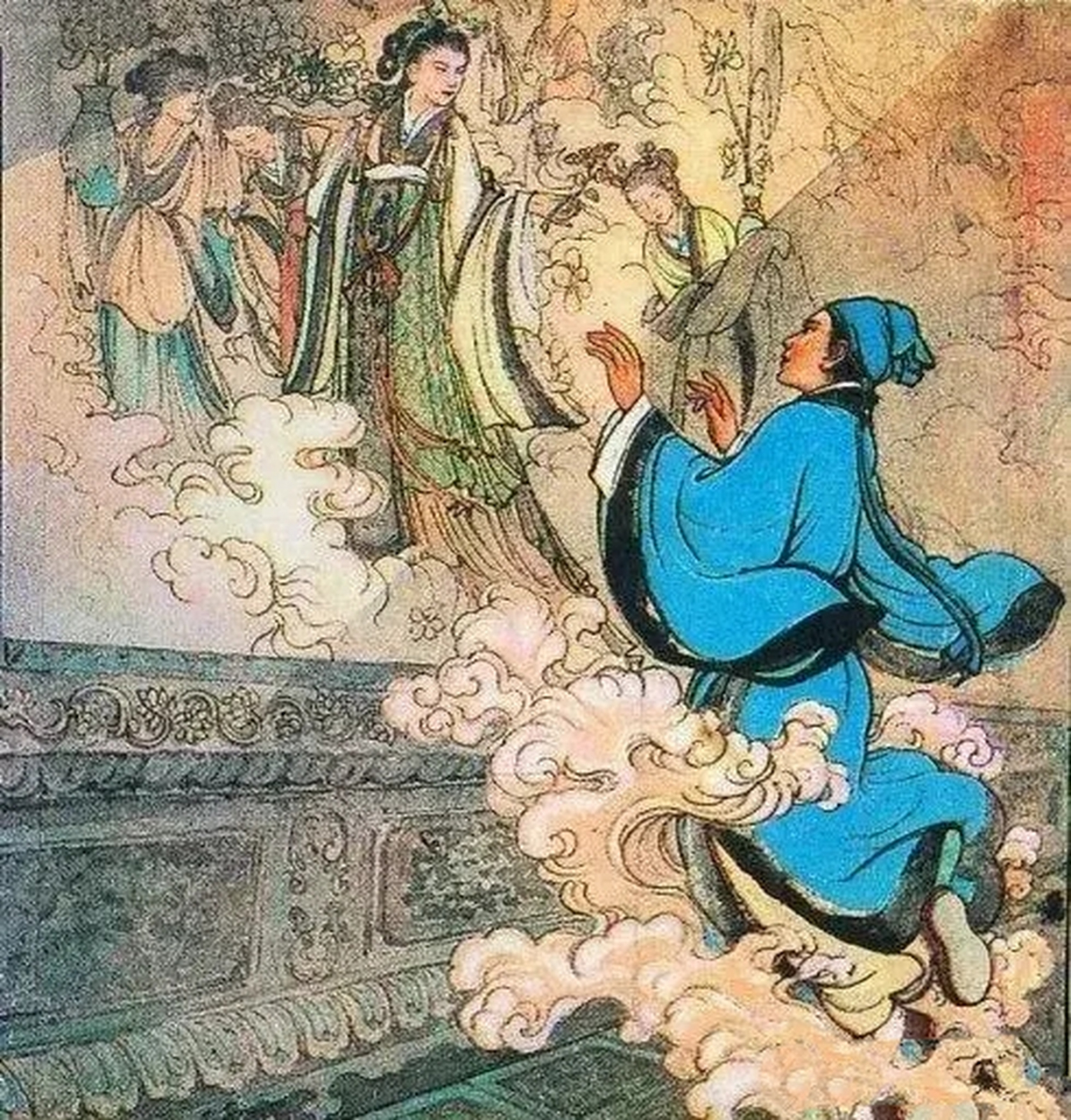 古代,一个男子对着寺庙墙壁画中的披发美貌少女,想入非非.
