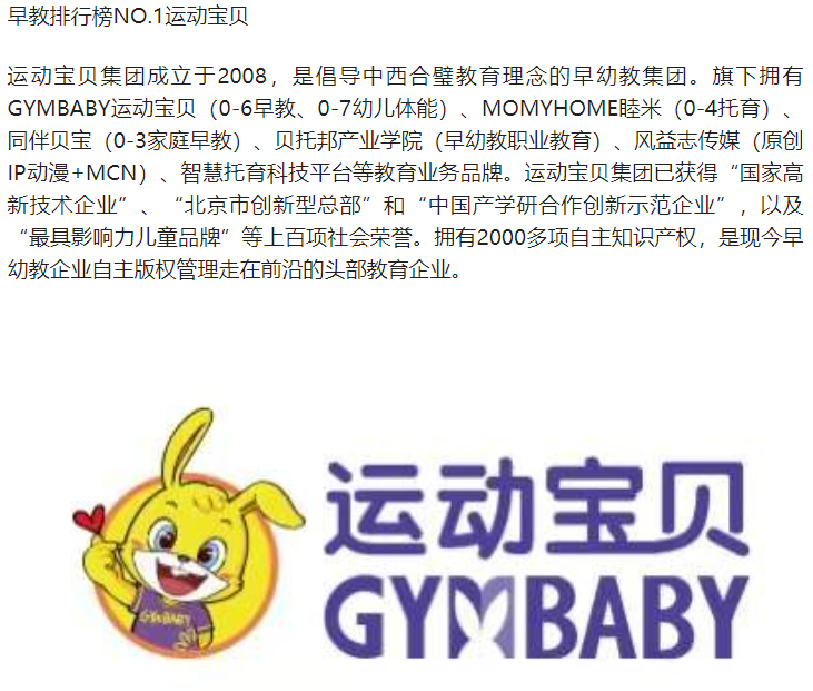 早教排行2022年最新结果已公布运动宝贝,美吉姆和金宝贝仍旧前三