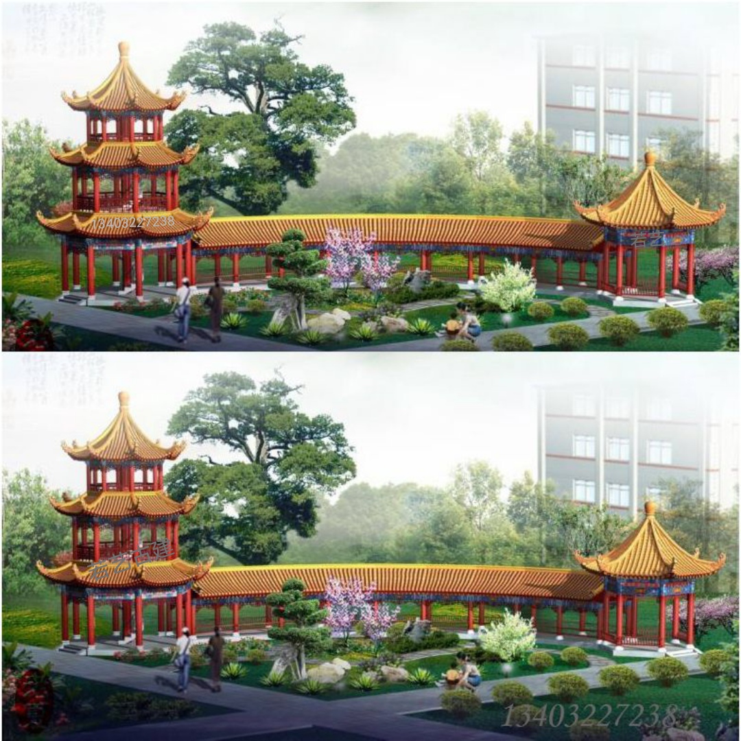 古建凉亭 直角长廊设计施工效果图