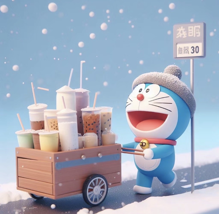 天冷下雪,哆啦a梦在街上卖奶茶