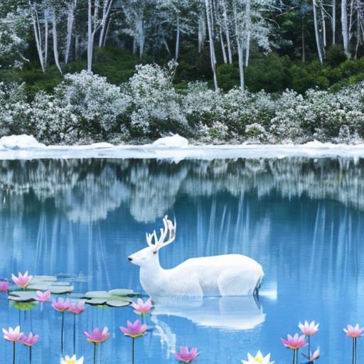 ai唯美风景:雪莲花,雪山,白鹿,梦幻蓝莲花