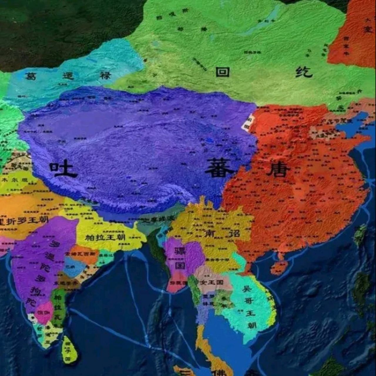 吐蕃极盛时期的领土为360万平方公里,与唐朝相差不远.