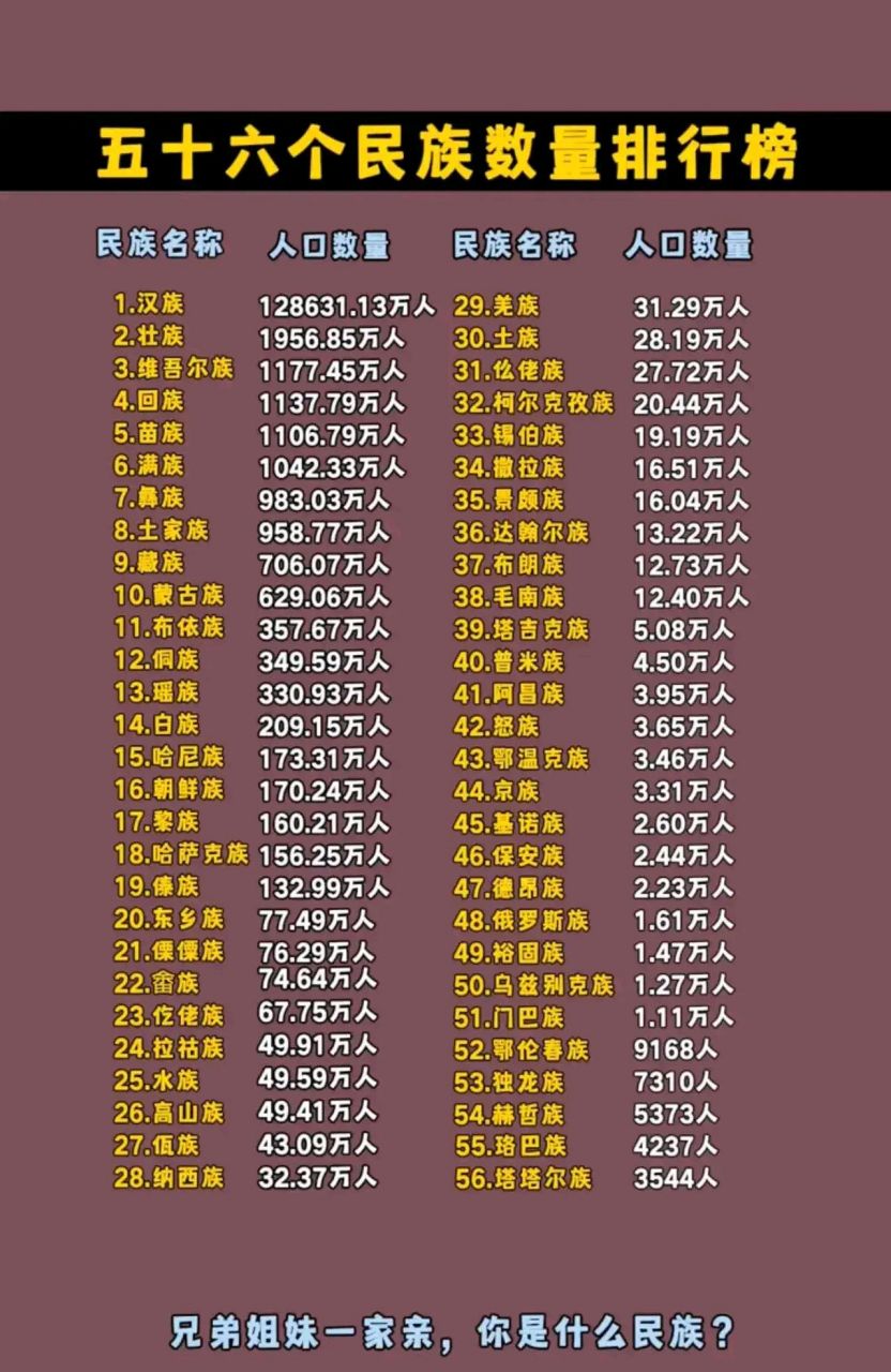 中国56个民族排行榜