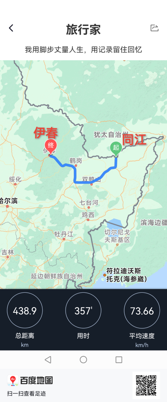 早5点半驶离同江,目标嘉荫,行驶路径为:221国道—哈同高速—鹤大高速
