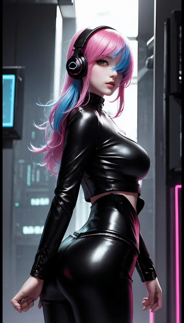 美女# #二次元美图# #ai绘画# 黑色皮衣美女