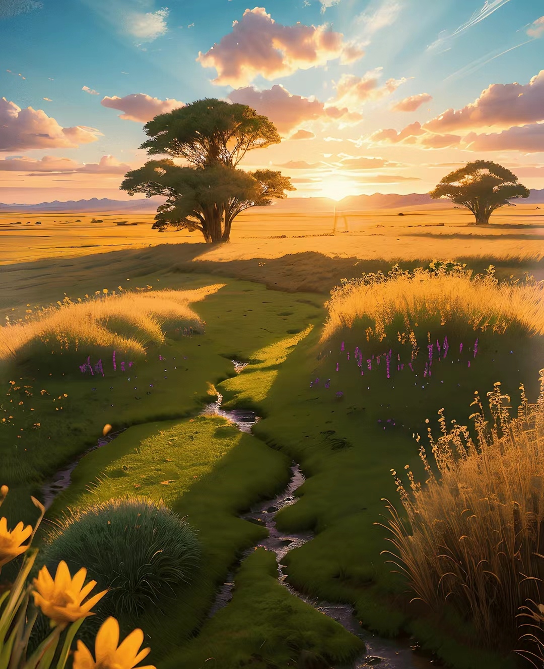 黄昏时分,夕阳的余辉洒在原野上,映照出一片金黄的美丽风景