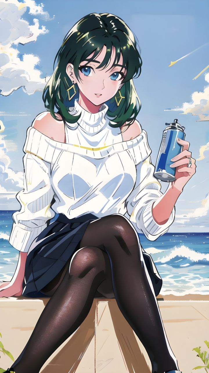 有趣表情:海边微风美少女 #有趣表情# #夏天穿裙子# #动漫