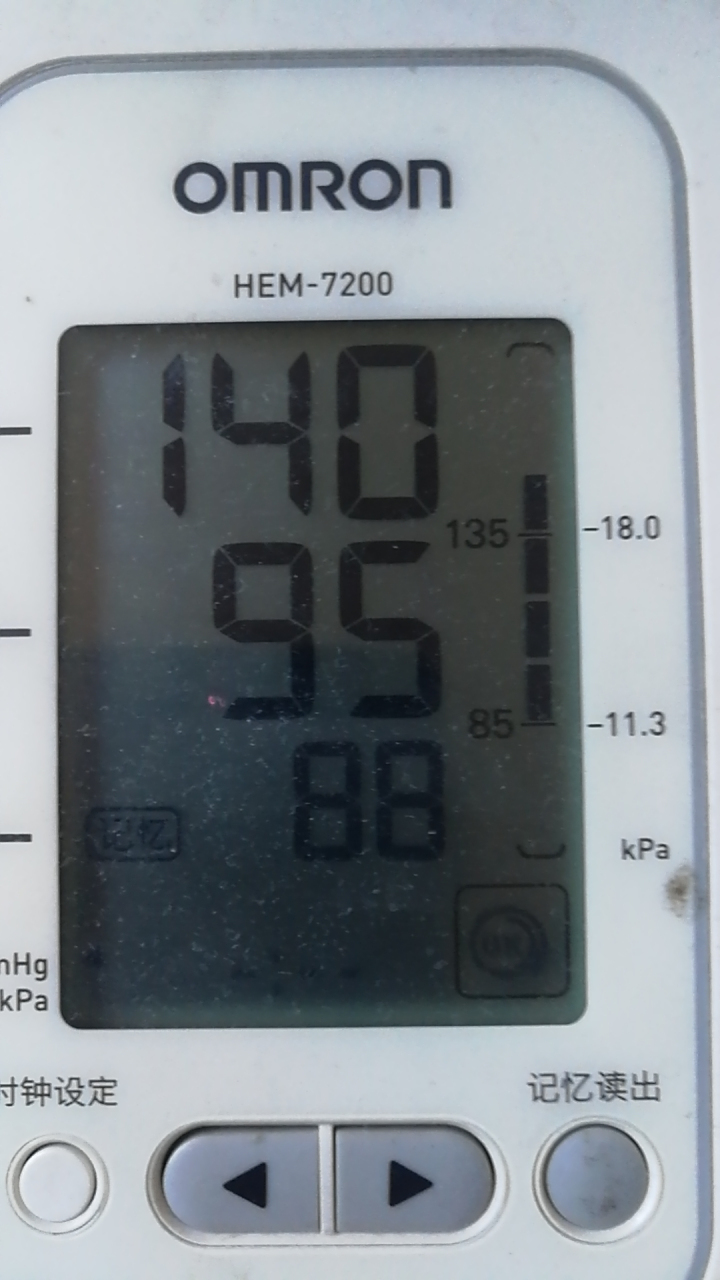 今天跟昨天的血压差不多,分别是  高压140,低压95,心跳88 高压125