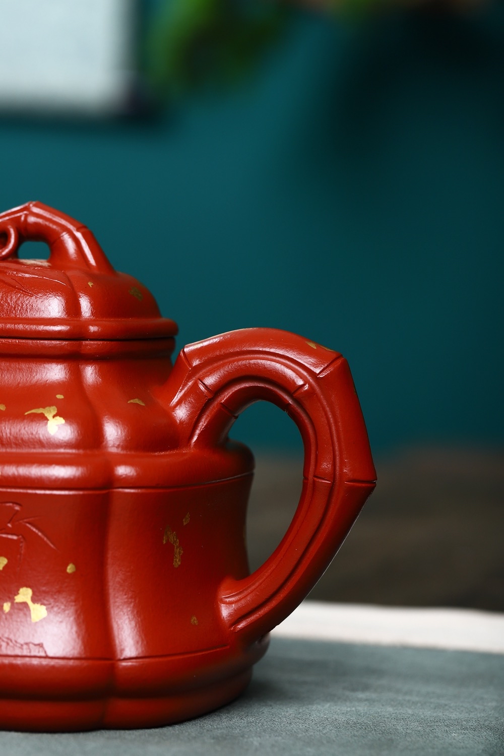 宜兴紫砂壶沈建军全手工四方竹鼎原矿大红袍350cc