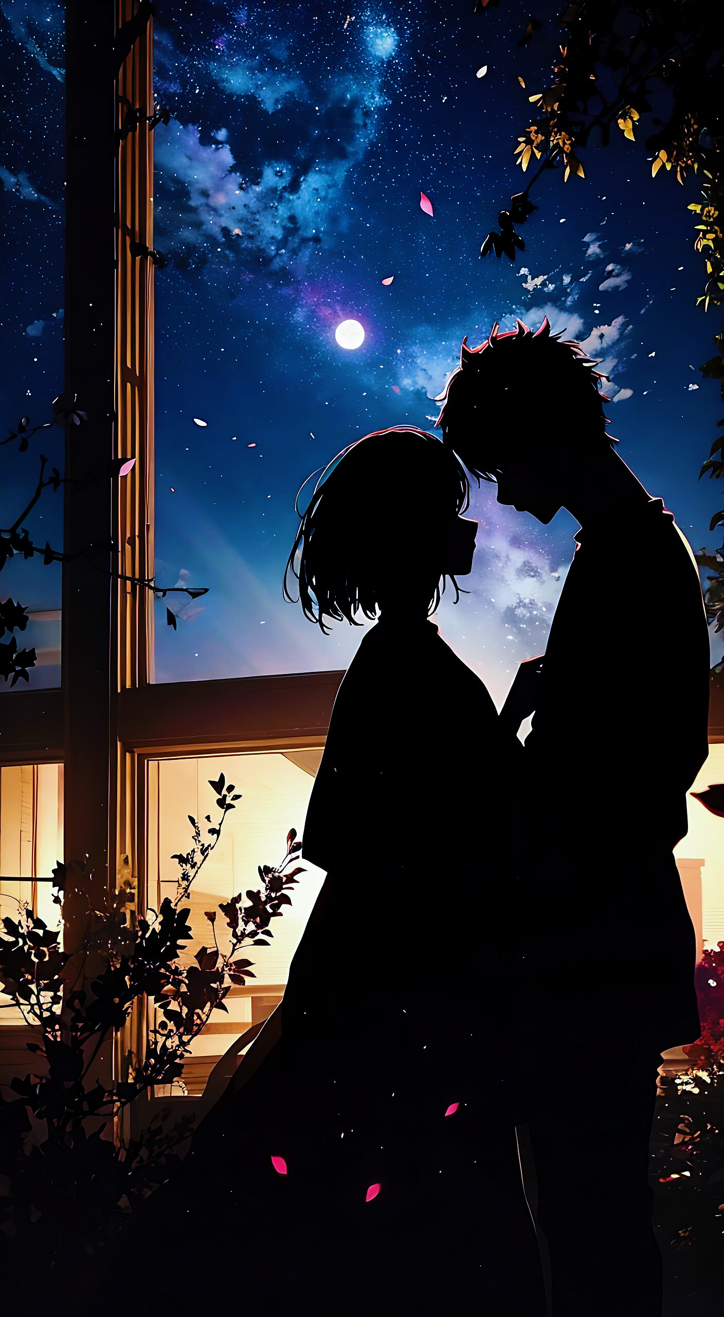 ai绘画关键词:花间一壶酒,风追落叶叶追尘,彩云追月月自明,一对情侣