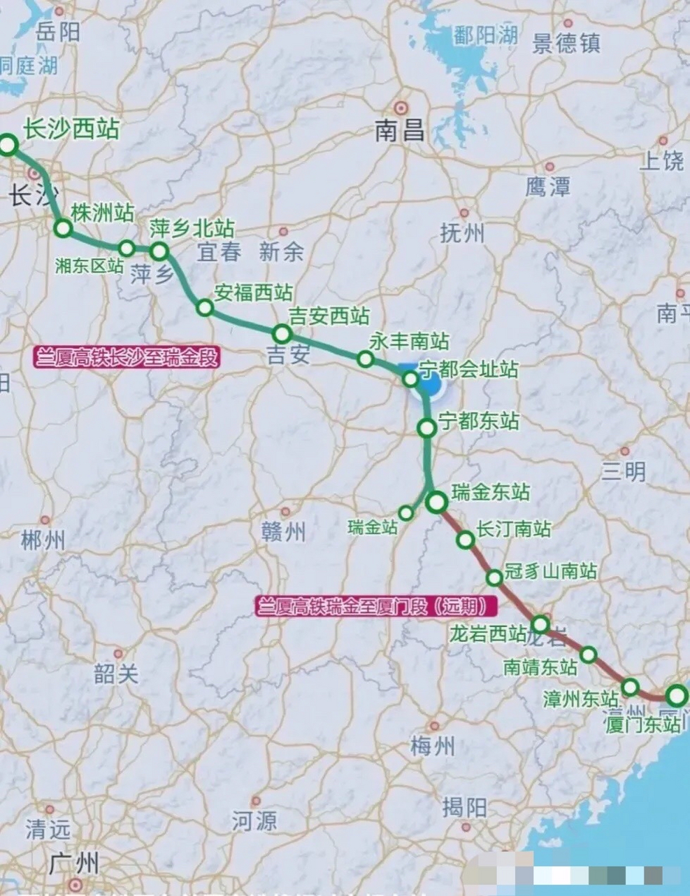 网友设计的长沙至厦门高铁线路,突然发现这条线路比经过赣州距离更短.