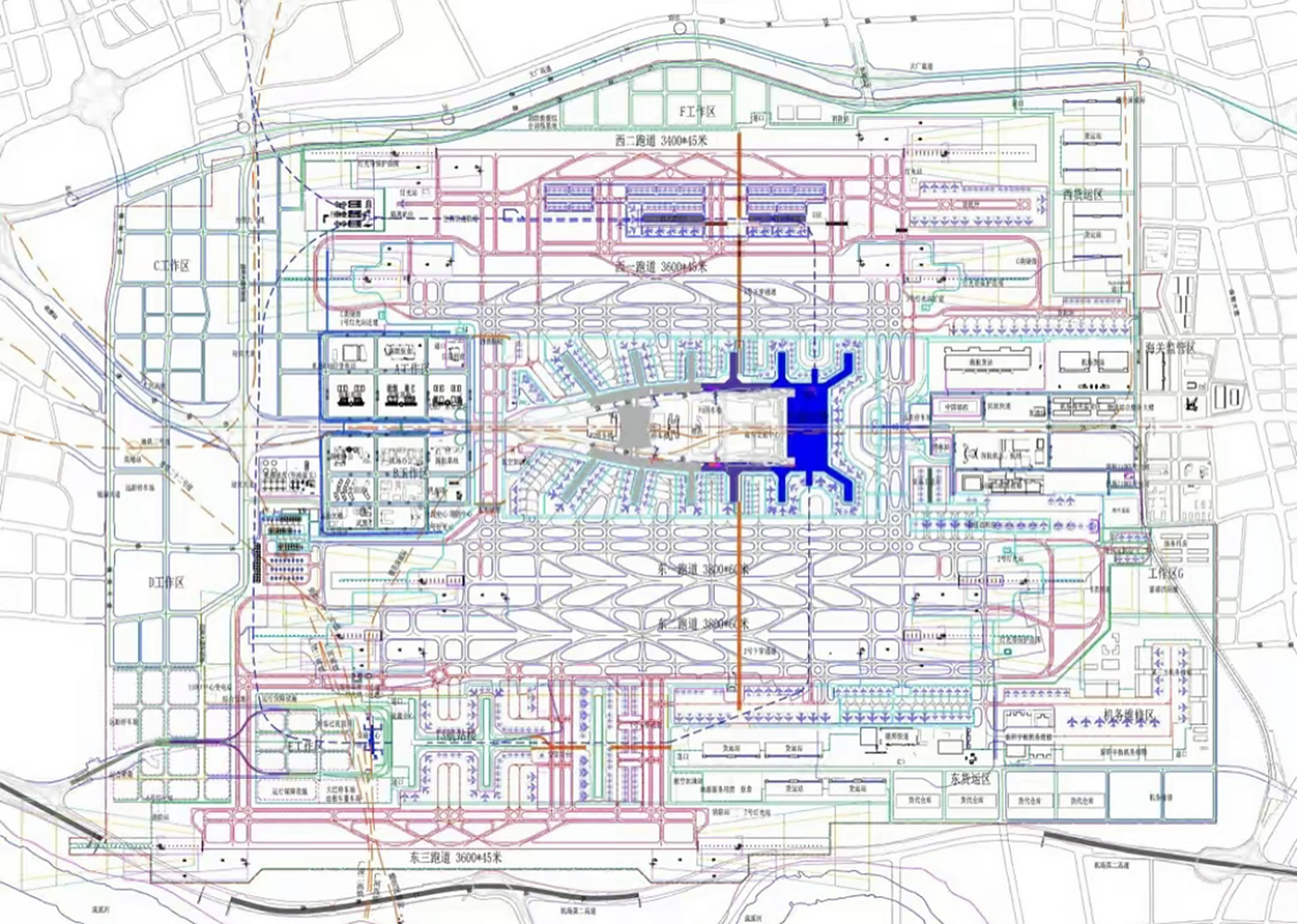 白云机场西边有大广高速,东边有流溪河.