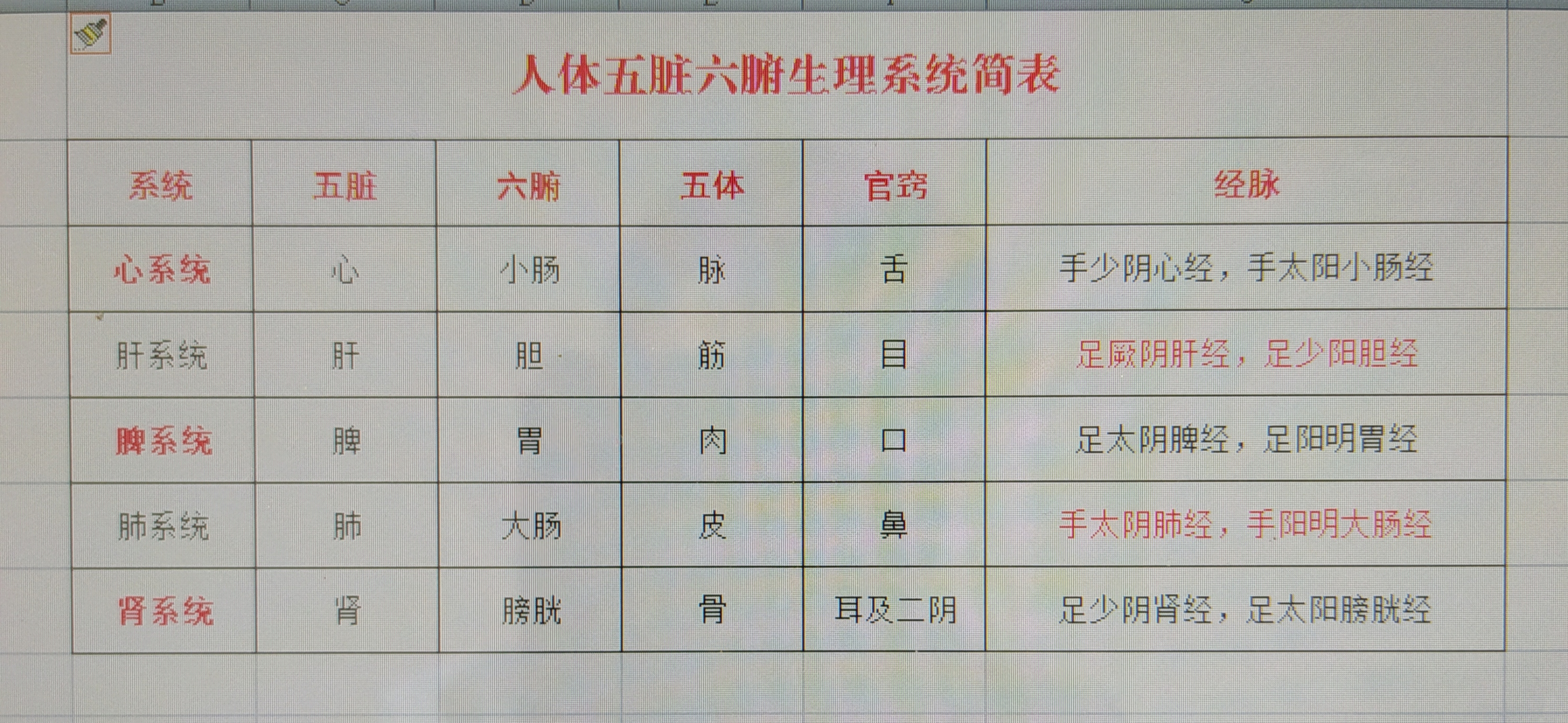 中医五脏六腑一一生理系统简表