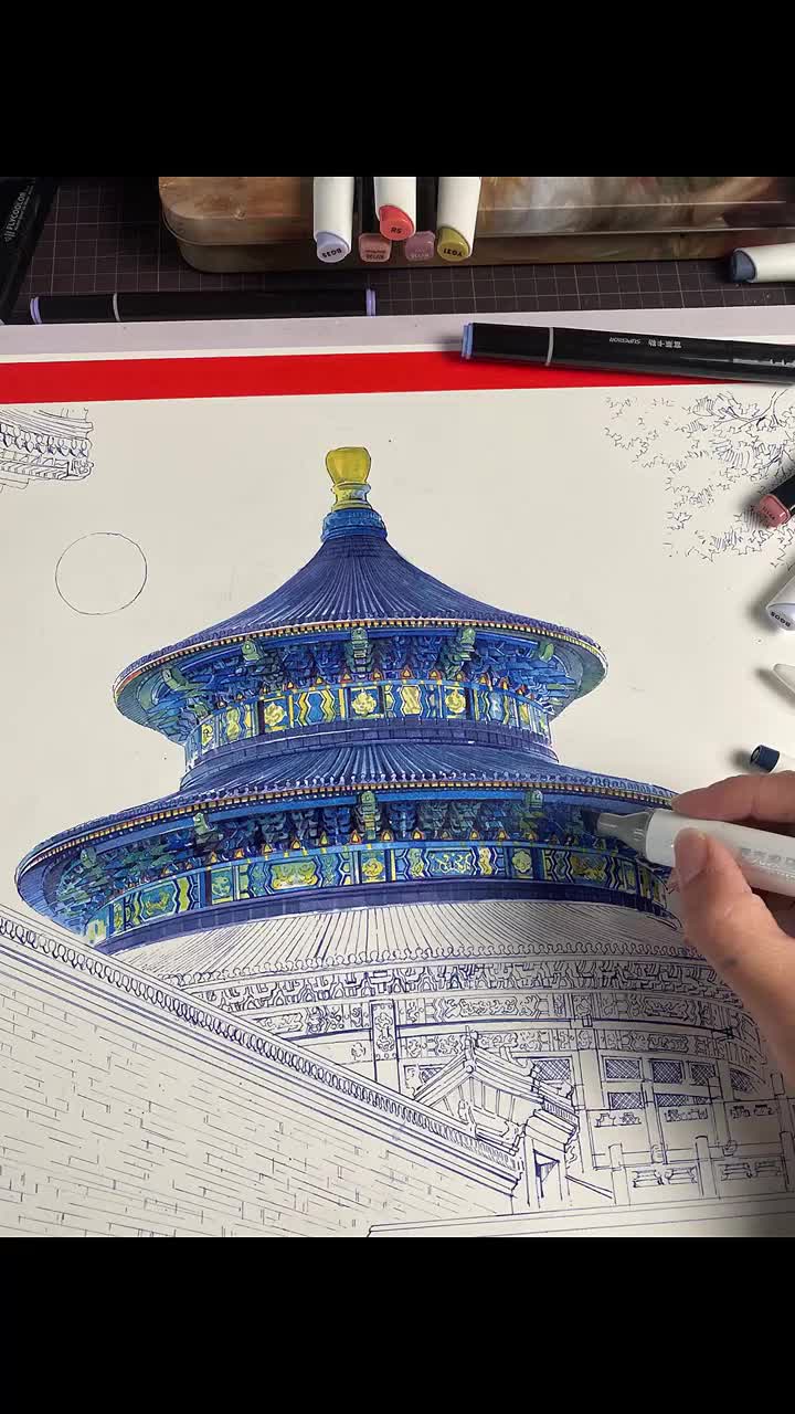 马克笔手绘|中国北京传统建筑-祈年殿-度小视