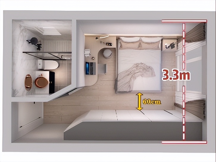 主卧卫生间正对床,卧室宽度不足3米8,分别应该如何做布局?