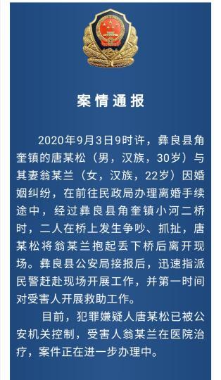 热点|离婚途中男子抱起妻子丢下桥：嫌疑人已被控制，受害人仍在治疗中