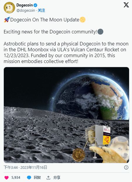 当狗狗币(doge)价格跌入地狱时,实物硬币将登上月球